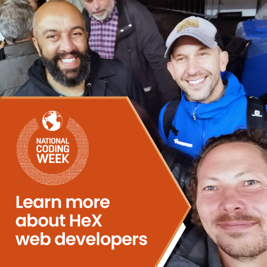 Hérick Moukodi, Tom Miller, and James Hall are stood next to each other looking happy at Nottingham's Beer Festival. To the side is the text "Learn more about HeX Developers"