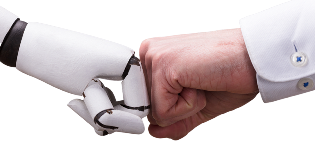 a white robotic arm is reaching across a white background to fist bump with a human hand