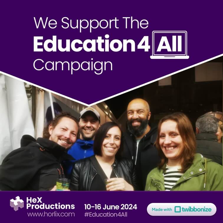 The HeX team are all stood together smiling within a photo template which says "we support the Education For All campaign" above it in a purple hexagon.