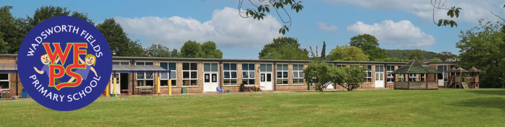 Outside of Wadsworth Fields Primary and Nursery School on a summer's day, with their logo overlayed on top