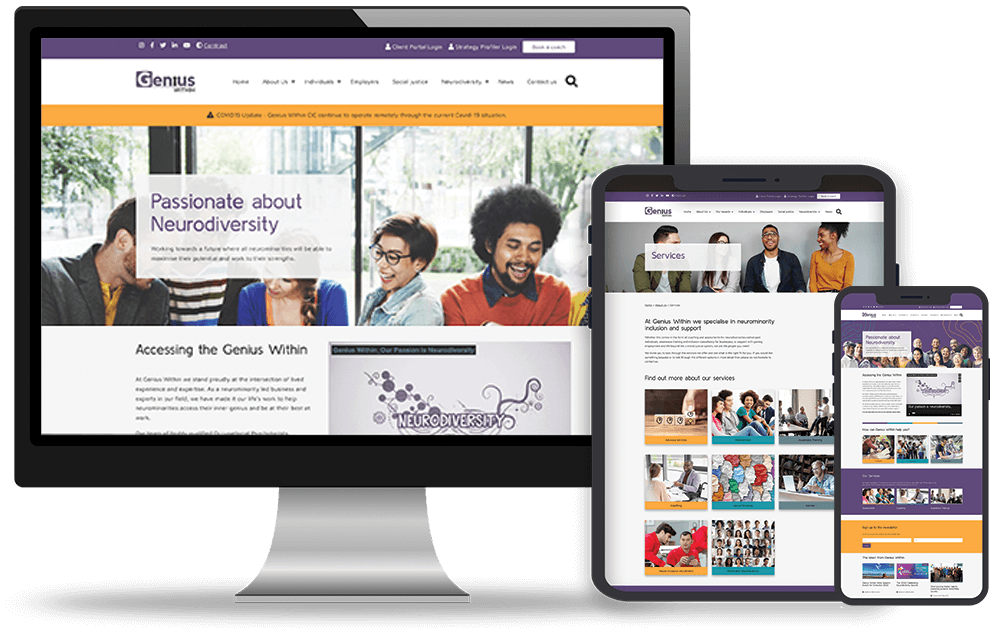 A desktop monitor, tablet, and mobile phone are displaying screens from the Genius Within website