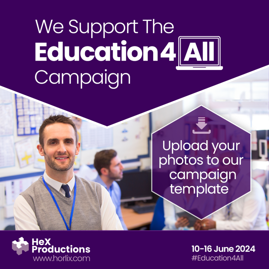 A group of teachers are sitting in a staffroom. Standing close to the camera is a white male teacher, who has short brown hair and is wearing a white shirt and tie, wit a school lanyard over the top. Above is text that says "we support the Education 4 All campaign". Which urges others to upload their photos to the same template.