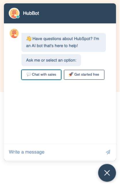 An example of a chatbot on Hubspot shows the use of emojis and buttons with options that people are required to select to gain entry to the online support feature.