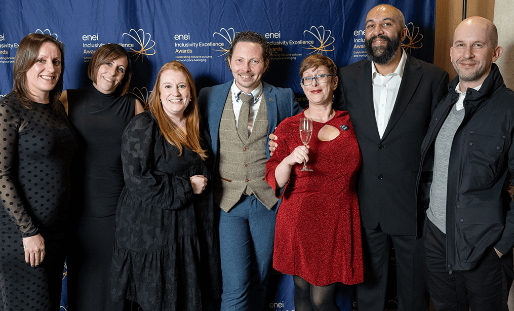 The HeX team are stood together with two enei team members at enei's Inclusivity Excellence Awards