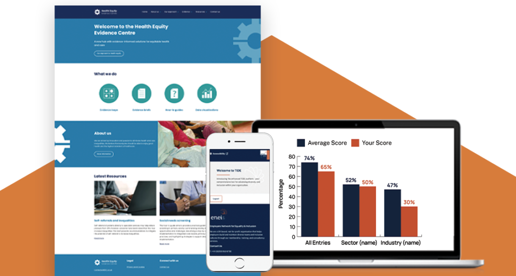 The homepage of Health Equity's new sleek website is sitting next to a white mobile phone, which is displaying TIDE's portal, and a data visualisation in a bar chart of sector results.